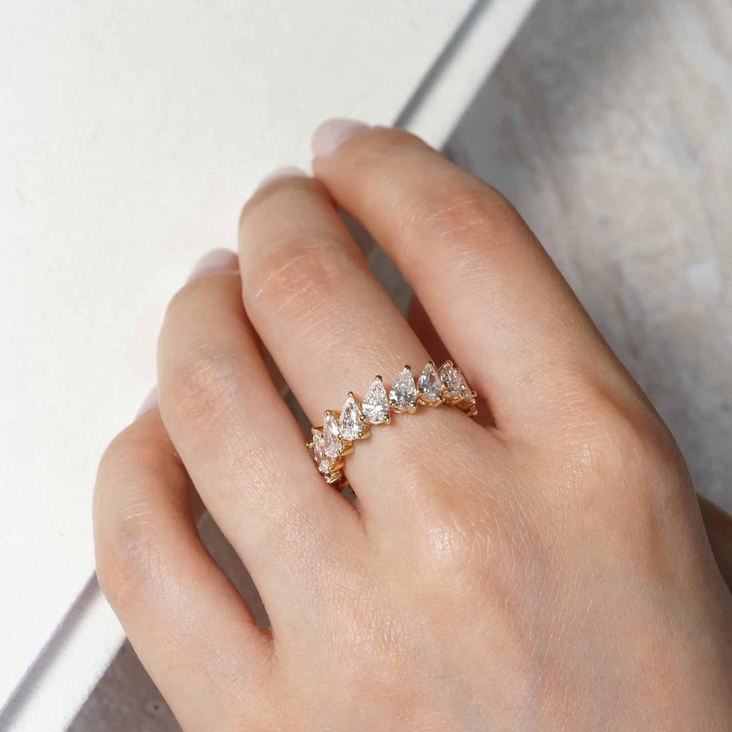 3.8ct Pear-Cut Lab Diamond, 18K Yellow Gold Eternity Ring