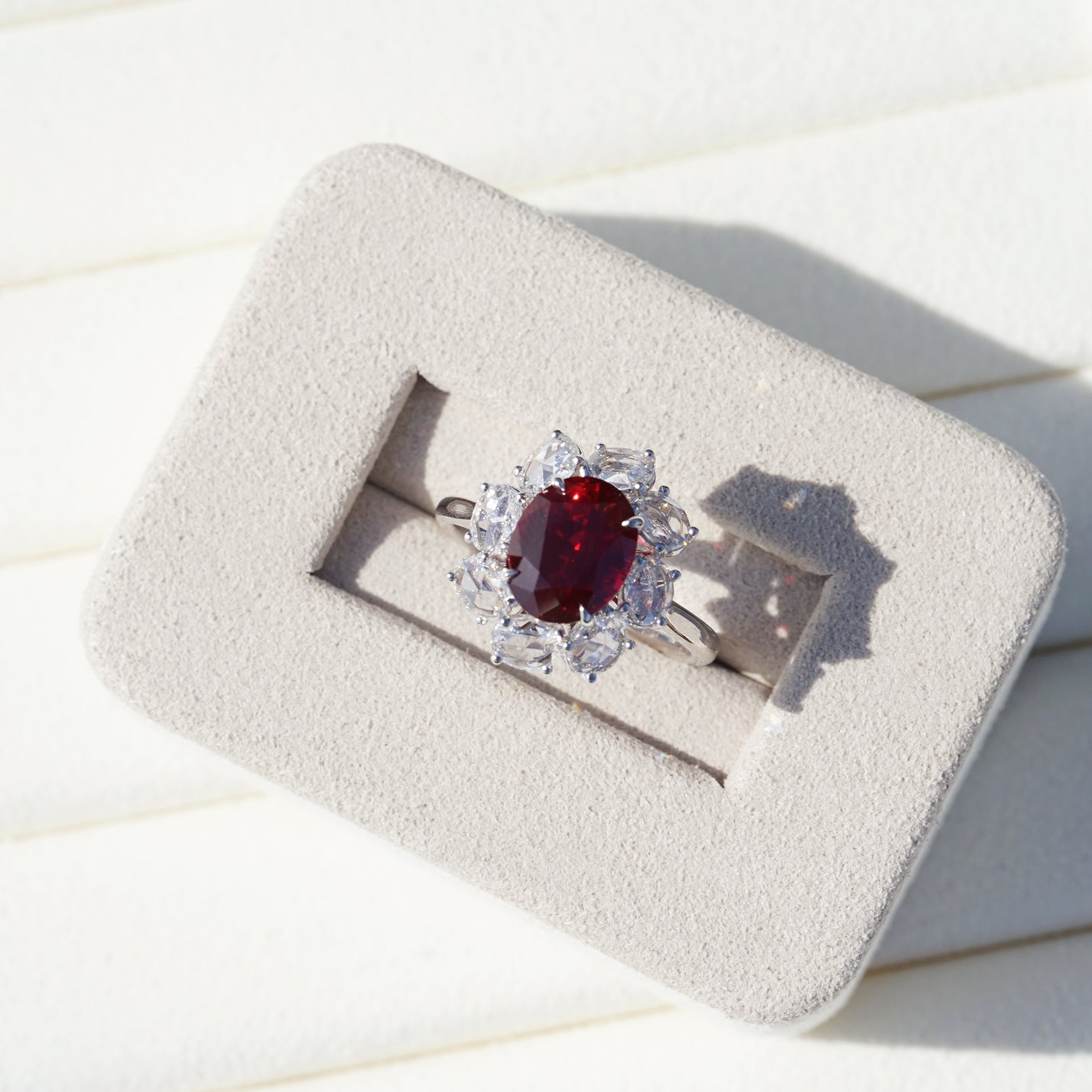Rosie, IGI 3.27ct Oval Cut Lab Ruby, PT950 Rose Cut Halo Engagement Ring