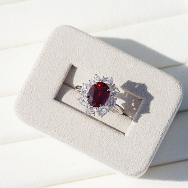 Rosie, IGI 3.27ct Oval Cut Lab Ruby, PT950 Rose Cut Halo Engagement Ring