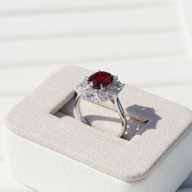Rosie, IGI 3.27ct Oval Cut Lab Ruby, PT950 Rose Cut Halo Engagement Ring