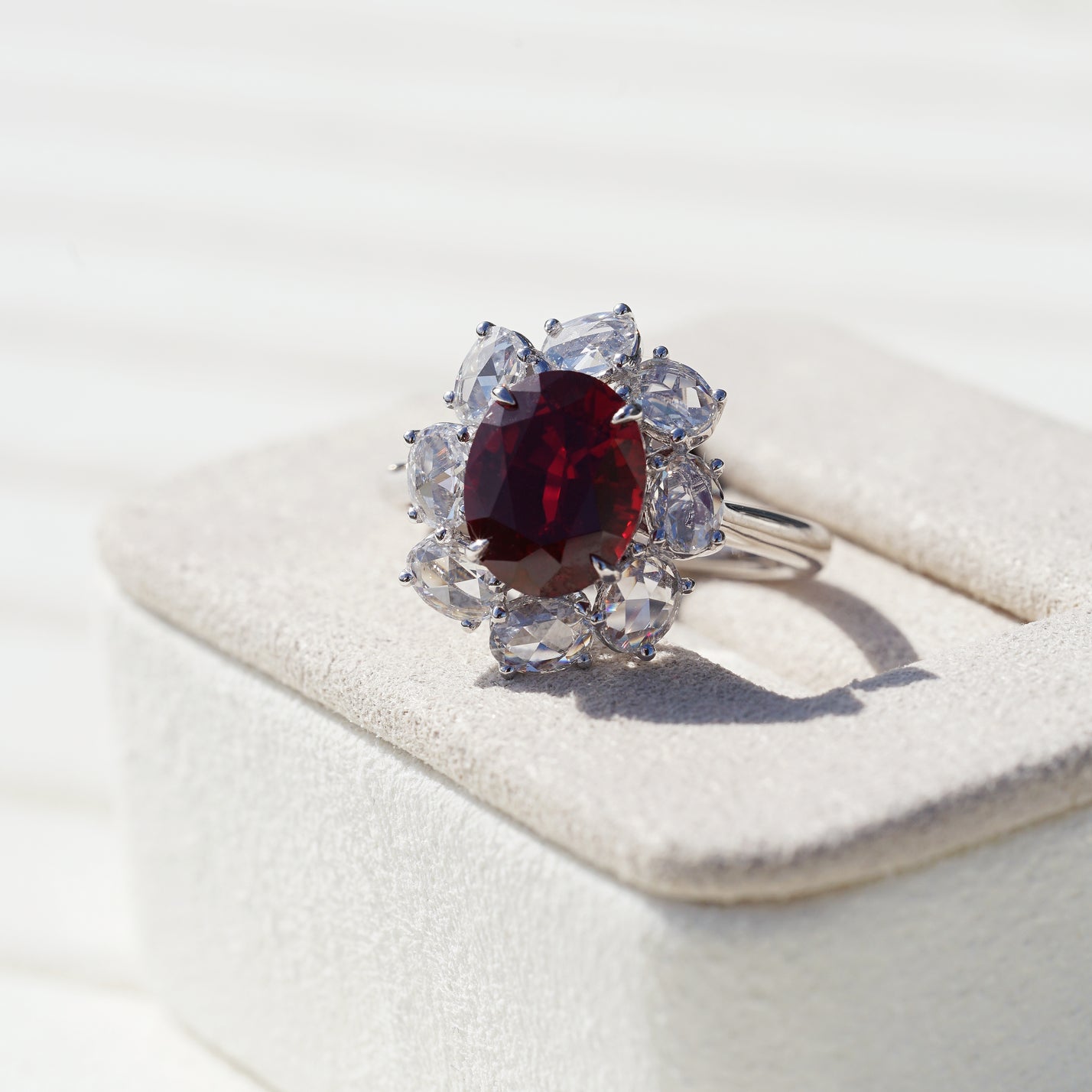 Rosie, IGI 3.27ct Oval Cut Lab Ruby, PT950 Rose Cut Halo Engagement Ring