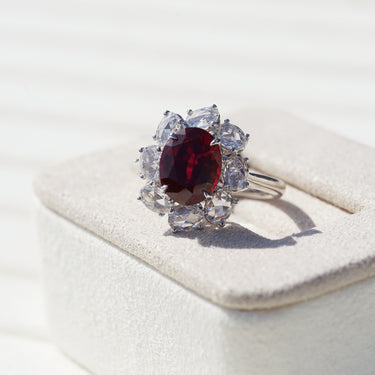 Rosie, IGI 3.27ct Oval Cut Lab Ruby, PT950 Rose Cut Halo Engagement Ring