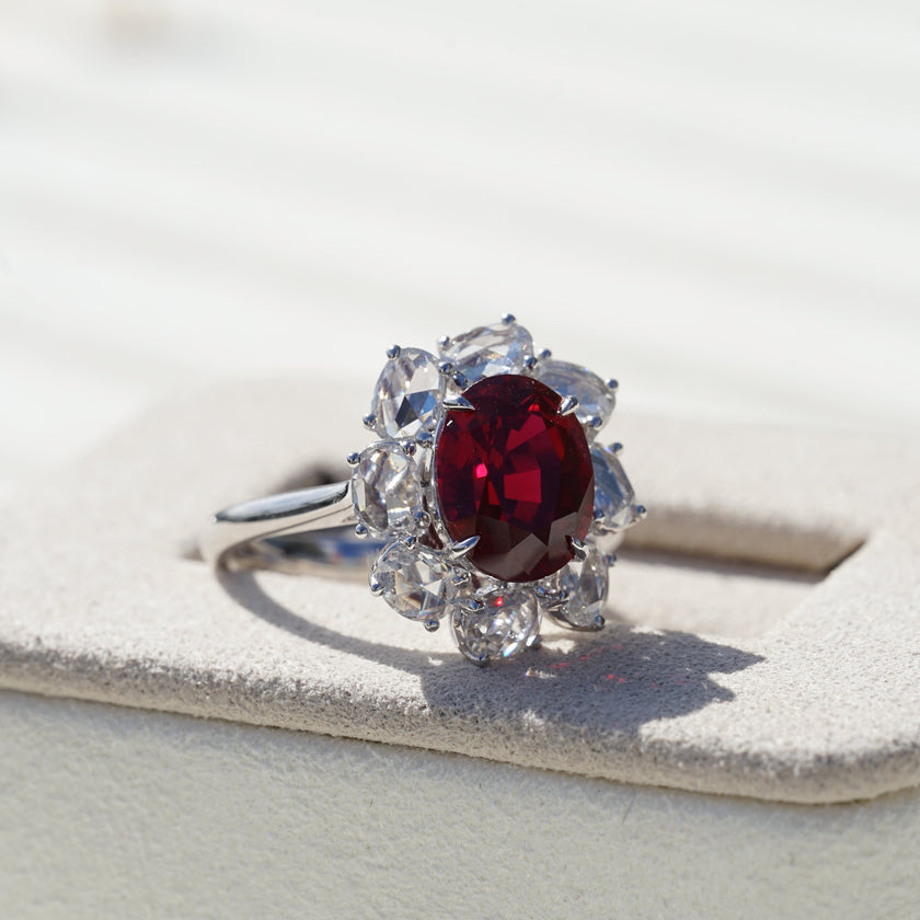 Rosie, IGI 3.27ct Oval Cut Lab Ruby, PT950 Rose Cut Halo Engagement Ring