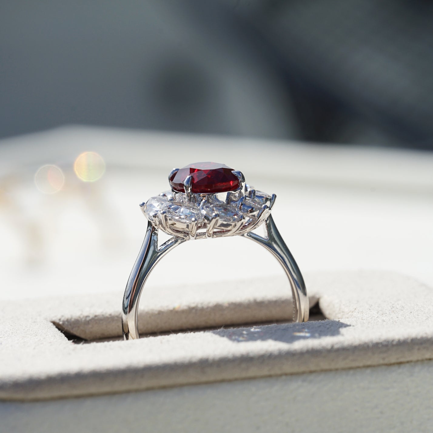 Rosie, IGI 3.27ct Oval Cut Lab Ruby, PT950 Rose Cut Halo Engagement Ring