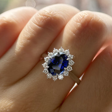 Lavinia, IGI 3.18ct Oval Cut Lab Sapphire, PT950 Vintage Halo Ring