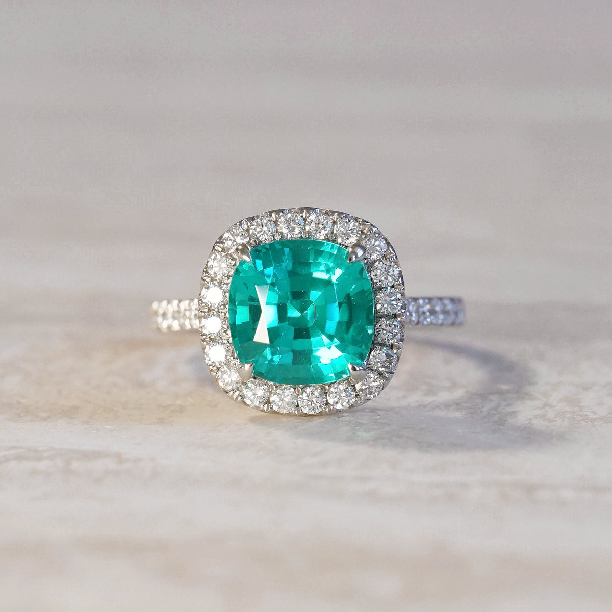 Stella, IGI 5.23ct Cushion Lab Paraiba Garnet,  PT950 Halo Pavé Ring