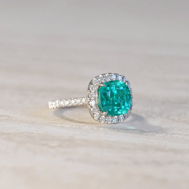Stella, IGI 5.23ct Cushion Lab Paraiba Garnet,  PT950 Halo Pavé Ring
