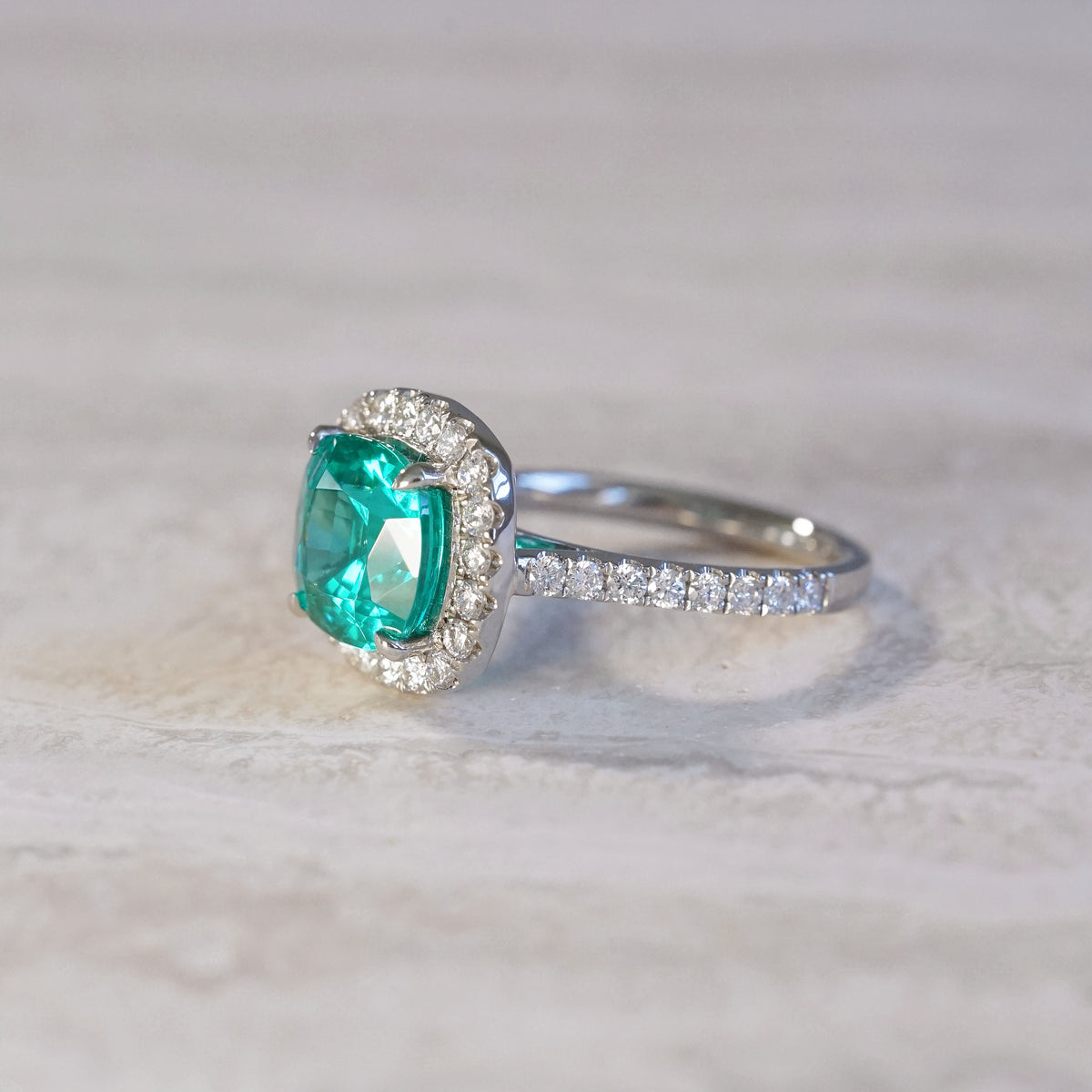 Stella, IGI 5.23ct Cushion Lab Paraiba Garnet,  PT950 Halo Pavé Ring