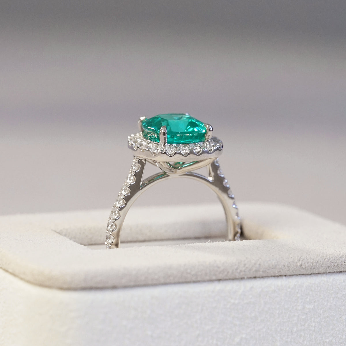Stella, IGI 5.23ct Cushion Lab Paraiba Garnet,  PT950 Halo Pavé Ring