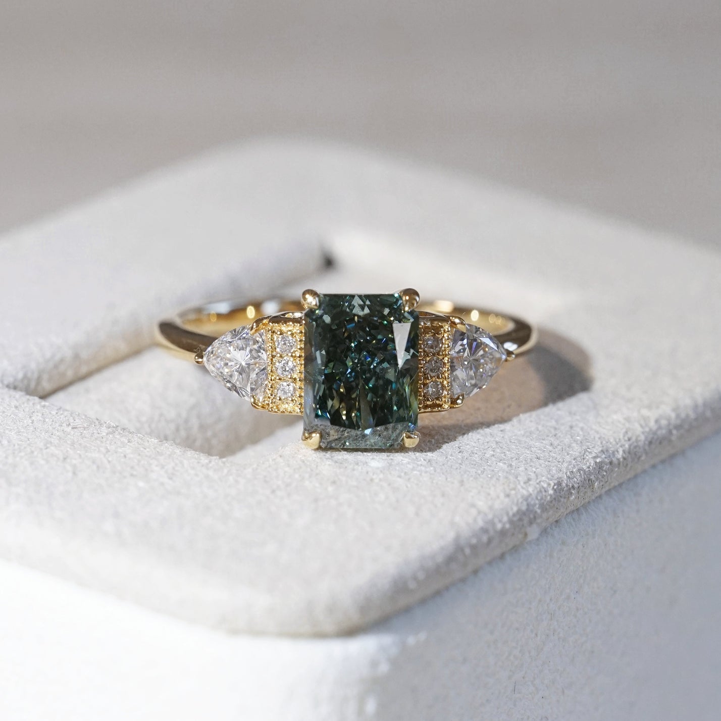 The Chapters Heirloom, IGI 1.56ct Fancy Vivid Green Radiant Lab Diamond, 18K Yellow Gold Vintage Engagement Ring