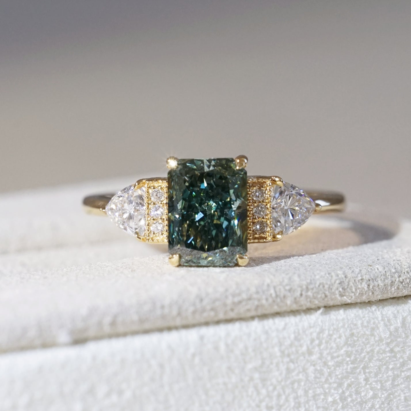 The Chapters Heirloom, IGI 1.56ct Fancy Vivid Green Radiant Lab Diamond, 18K Yellow Gold Vintage Engagement Ring