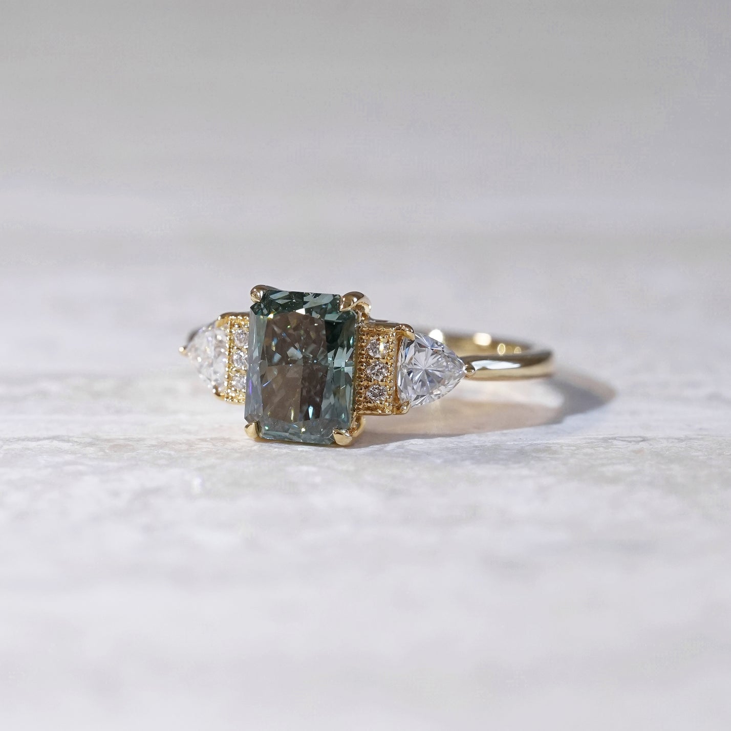 The Chapters Heirloom, IGI 1.56ct Fancy Vivid Green Radiant Lab Diamond, 18K Yellow Gold Vintage Engagement Ring