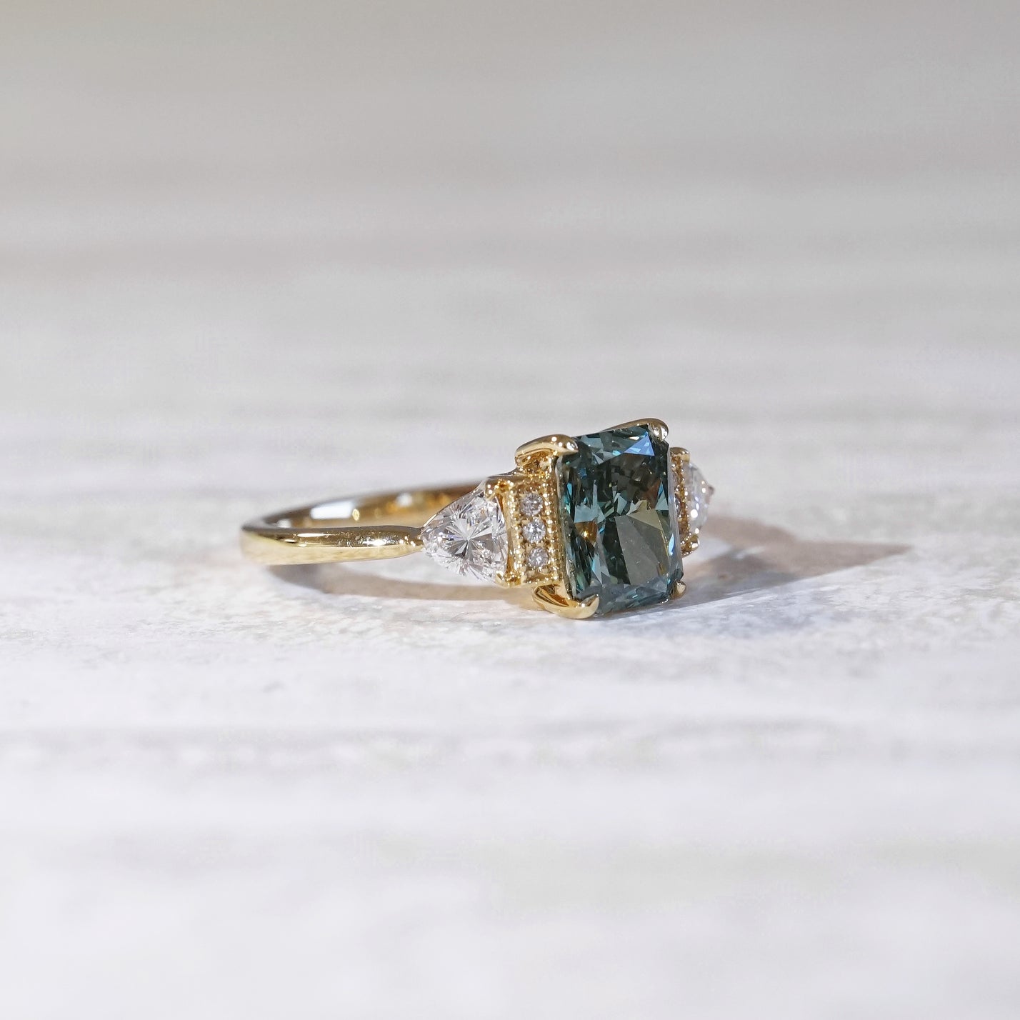 The Chapters Heirloom, IGI 1.56ct Fancy Vivid Green Radiant Lab Diamond, 18K Yellow Gold Vintage Engagement Ring