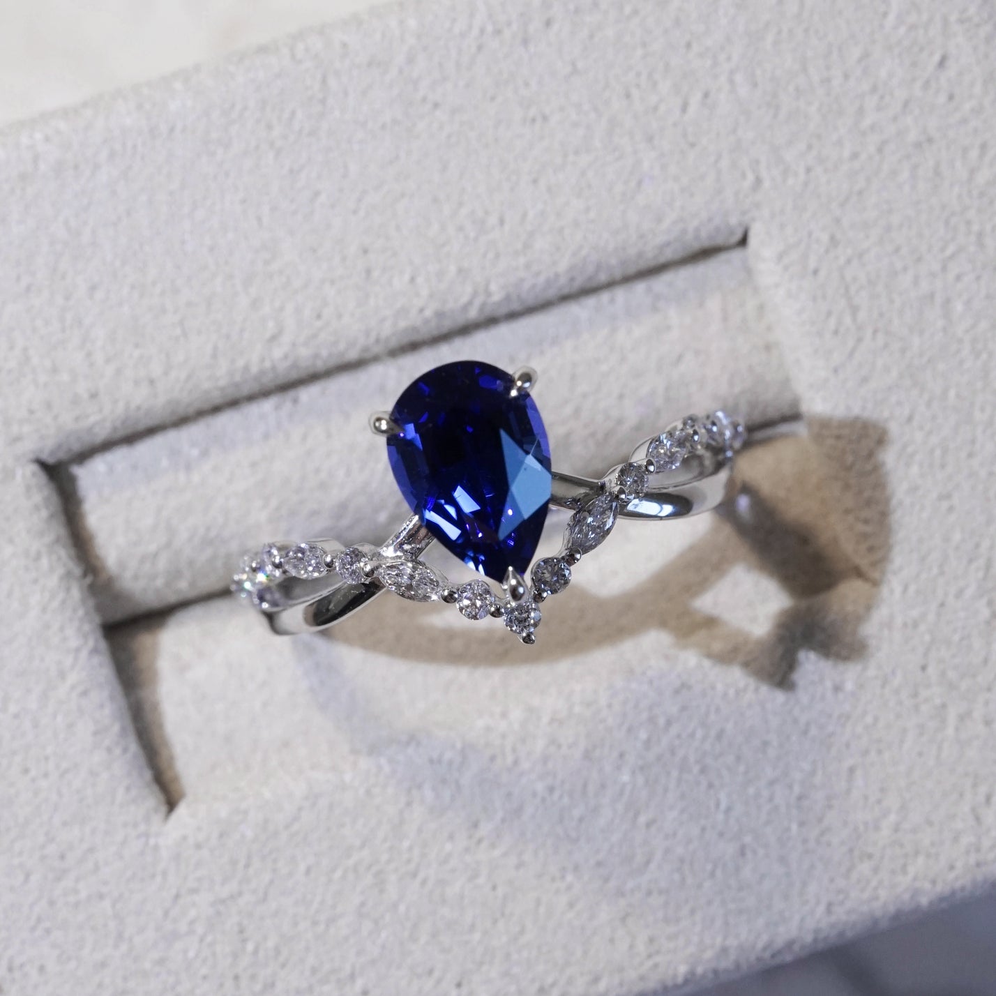 The One, IGI 1.97ct Pear Cut Lab Sapphire, PT950 V-shaped Twist Engagement Ring