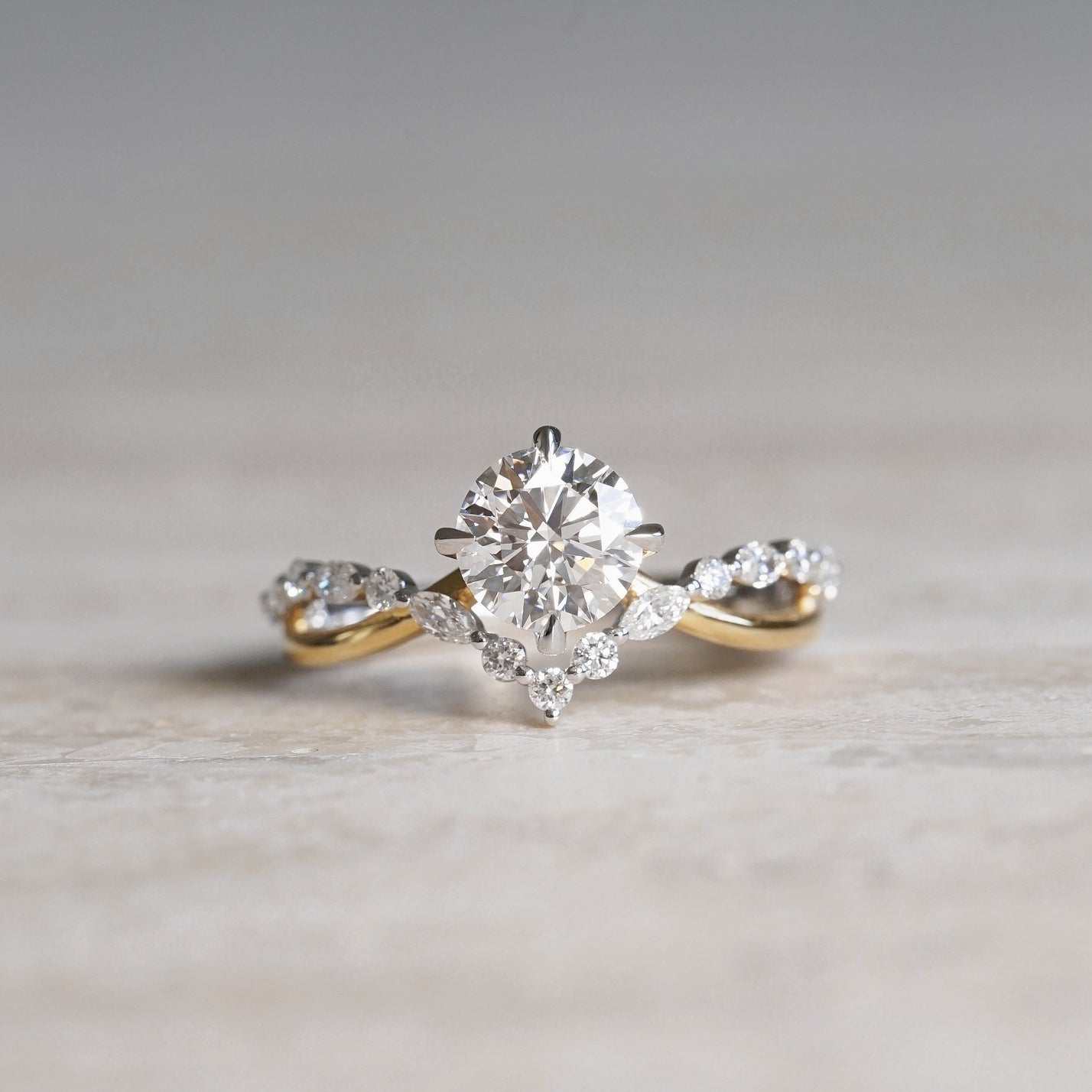 The One, IGI 1.01ct D VVS2 Round Lab Diamond, 18K Gold Two Tone Ring with V-shaped Twist Band