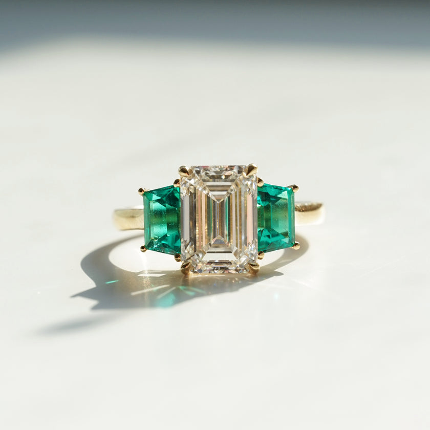 The Vows, IGI 3.05ct Emerald Cut Lab Diamond, 18K Yellow Gold Vintage Trilogy Ring
