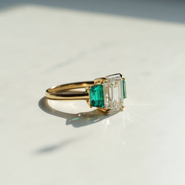 The Vows, IGI 3.05ct Emerald Cut Lab Diamond, 18K Yellow Gold Vintage Trilogy Ring