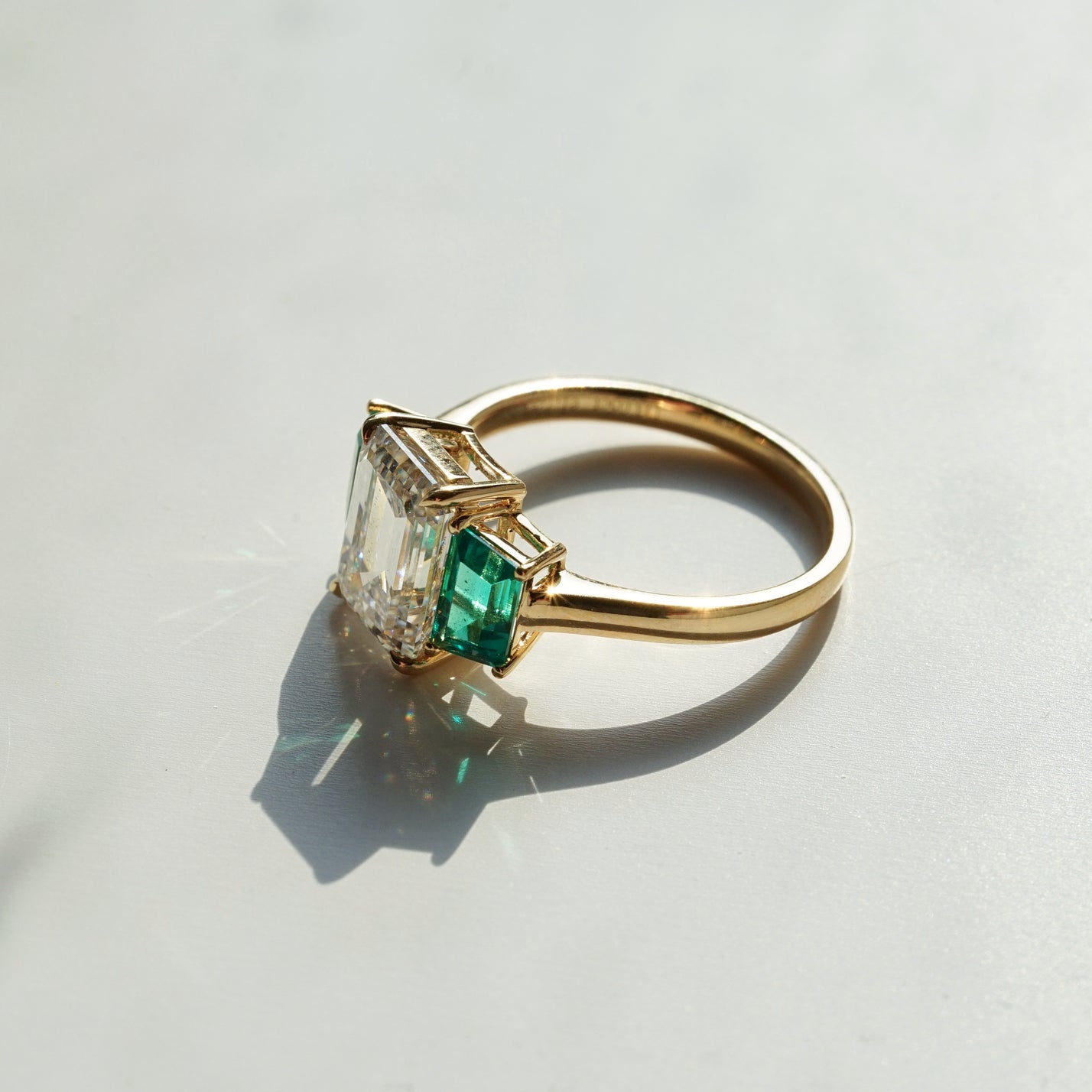 The Vows, IGI 3.05ct Emerald Cut Lab Diamond, 18K Yellow Gold Vintage Trilogy Ring
