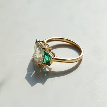 The Vows, IGI 3.05ct Emerald Cut Lab Diamond, 18K Yellow Gold Vintage Trilogy Ring