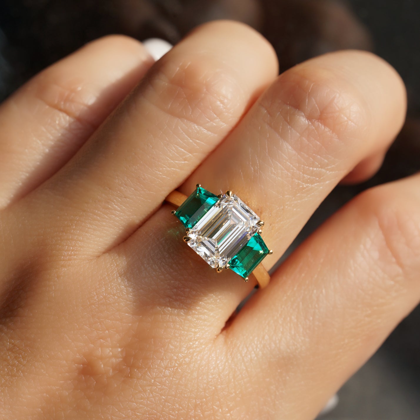 The Vows, IGI 3.05ct Emerald Cut Lab Diamond, 18K Yellow Gold Vintage Trilogy Ring