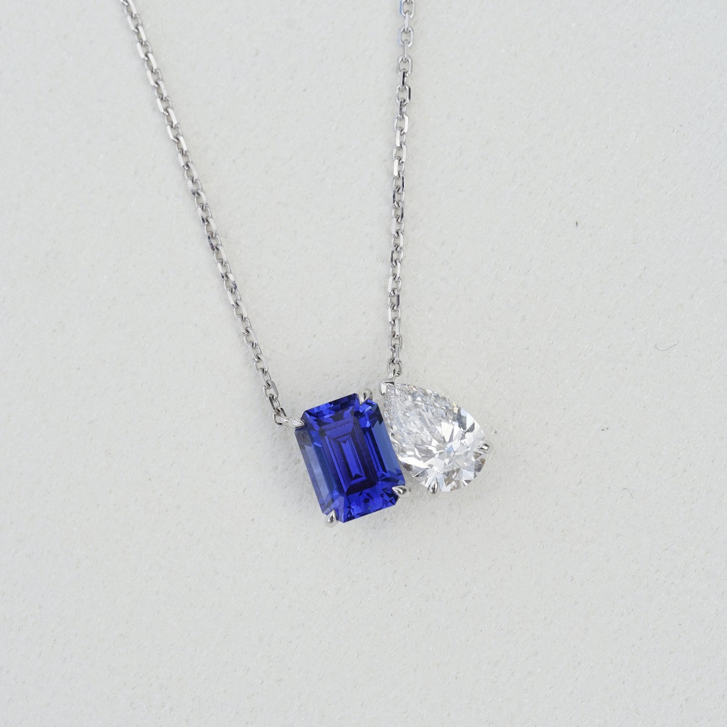 IGI 3.29ct Lab Sapphire & Diamond, 18K White Gold Toi-Et-Moi Necklace