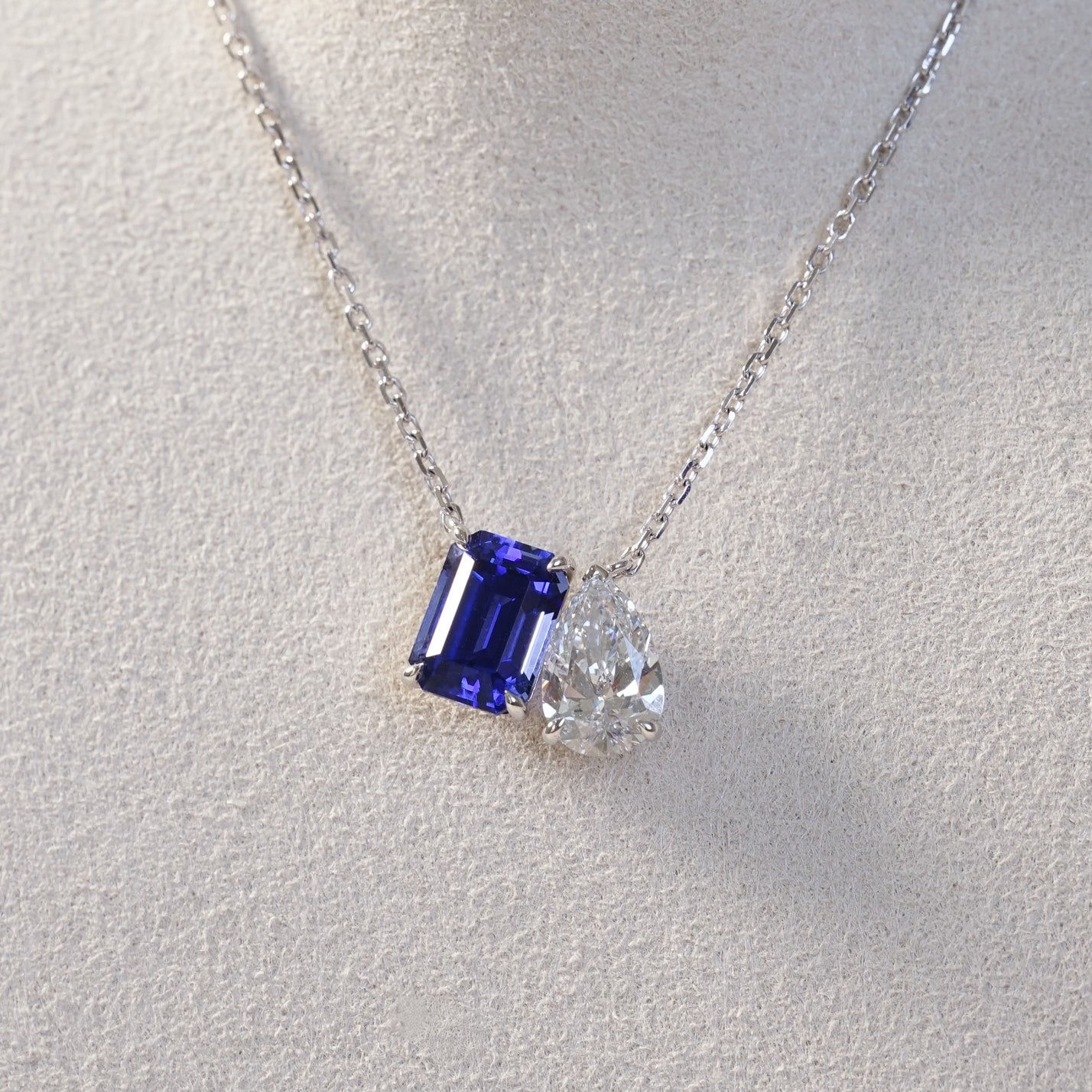 IGI 3.29ct Lab Sapphire & Diamond, 18K White Gold Toi-Et-Moi Necklace