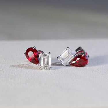 IGI 4.40ct Lab Diamond & Ruby, 18K White Gold Toi Et Moi Stud Earrings