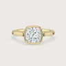 Cushion cut lab-grown diamond solitaire engagement ring, bezel set in 18k yellow gold. "R25201CU" front view.