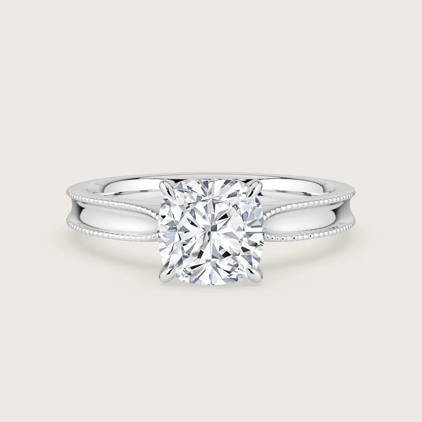 Lab-grown cushion diamond solitaire engagement ring, 18k white gold, milgrain detail. "R24821CU" front view.