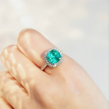 Stella, IGI 5.23ct Cushion Lab Paraiba Garnet,  PT950 Halo Pavé Ring