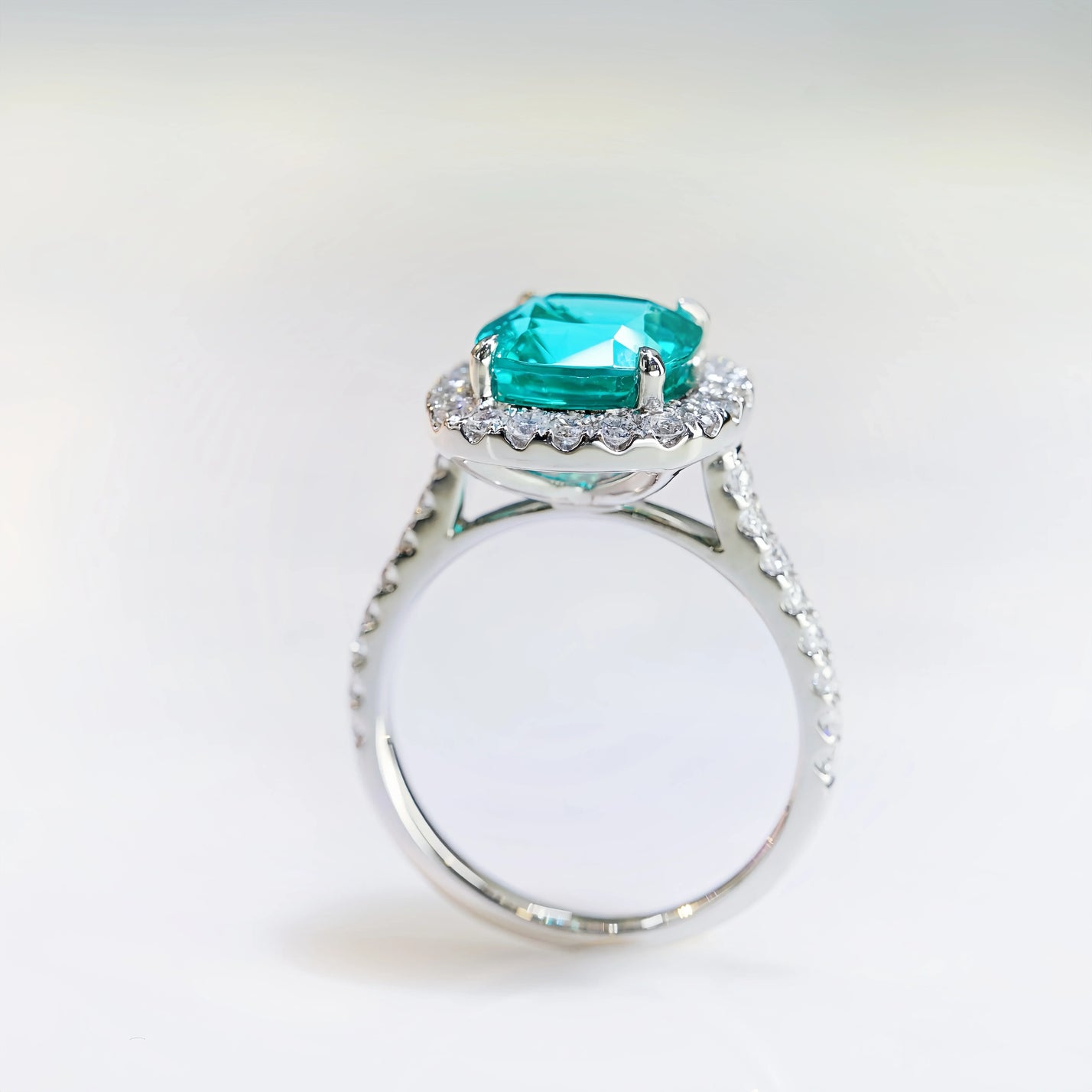 Stella, IGI 5.23ct Cushion Lab Paraiba Garnet,  PT950 Halo Pavé Ring