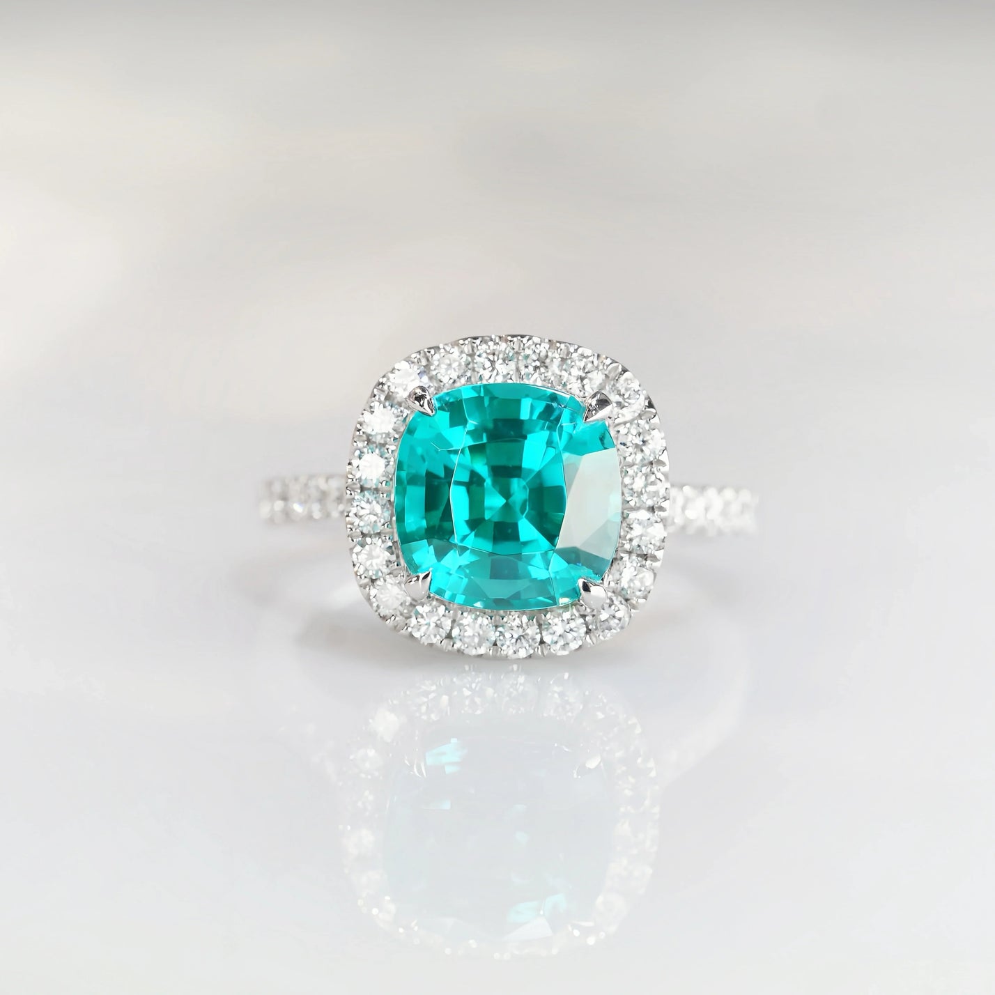 Stella, IGI 5.23ct Cushion Lab Paraiba Garnet,  PT950 Halo Pavé Ring