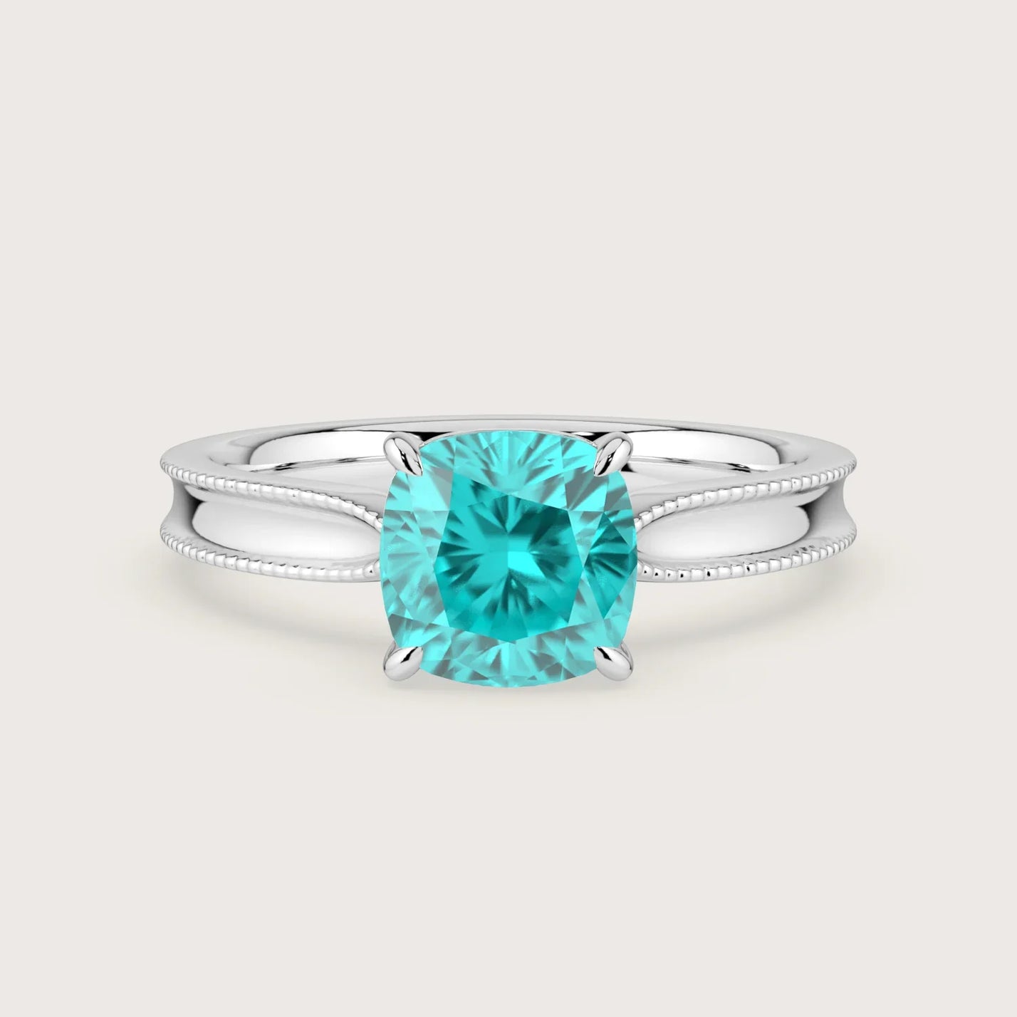 Lab-grown "Paraiba" solitaire ring, cushion cut, milgrain detail, 18k white gold band. Engagement ring.