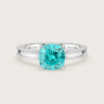 Lab-grown "Paraiba" solitaire ring, cushion cut, milgrain detail, 18k white gold band. Engagement ring.