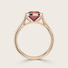 Cushion cut lab-grown ruby solitaire ring, bezel set in 18k rose gold. Side view of "R25201CU.