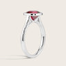Lab-grown cushion ruby solitaire ring, bezel set in 18k white gold, side view. "R25201CU.