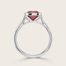 Cushion cut lab-grown ruby solitaire ring in 18k white gold, bezel set. "R25201CU" side view.