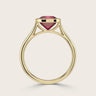 18k gold solitaire ring with cushion-cut lab-grown ruby in bezel setting. "R25201CU" side view.