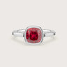 Cushion" lab-grown ruby solitaire ring. 18k white gold bezel setting, elegant engagement ring.