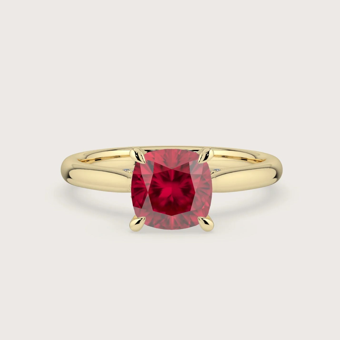 Cushion cut lab-grown ruby solitaire engagement ring with hidden halo in 18k yellow gold. "R24819CUH.