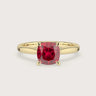 Cushion cut lab-grown ruby solitaire engagement ring with hidden halo in 18k yellow gold. "R24819CUH.