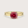 Cushion-cut lab-grown ruby solitaire engagement ring in 18k yellow gold with milgrain detailing. "R24821CU.