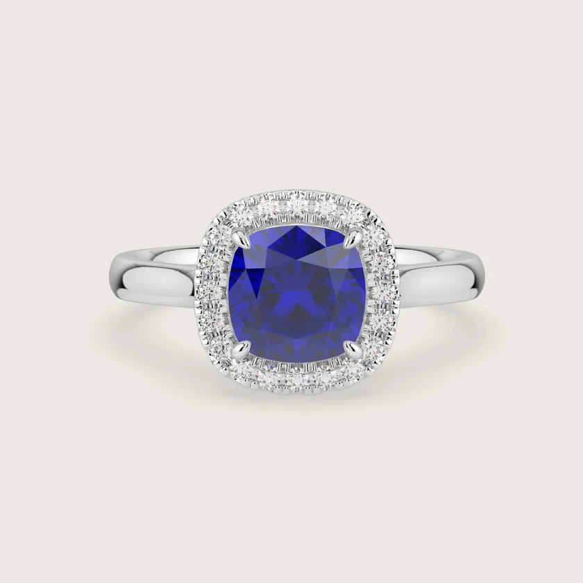 Lab-grown cushion sapphire halo engagement ring in 18k white gold. "R24818CUH" detail.