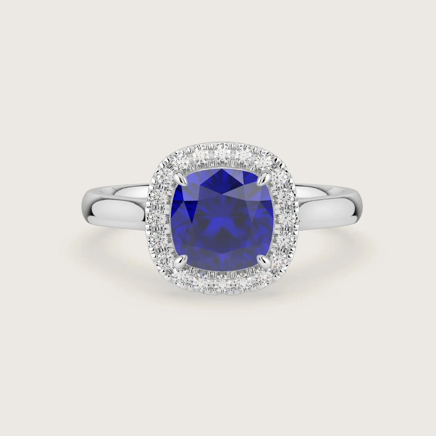Lab-grown cushion sapphire halo engagement ring in 18k white gold. "R24818CUH" detail.