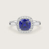 Lab-grown cushion sapphire halo engagement ring in 18k white gold. "R24818CUH" detail.
