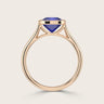 Cushion cut lab-grown sapphire solitaire ring. Bezel set in 18k rose gold.