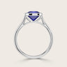 Lab-grown cushion sapphire solitaire ring. Bezel-set in 18k white gold, "R25201CU". Modern, elegant design.