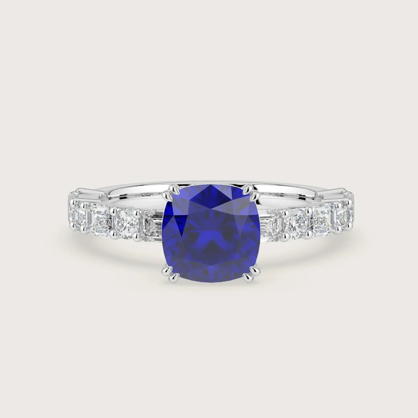 Lab-grown cushion sapphire solitaire engagement ring. Diamond band, 18k white gold setting. "R24831CUA.