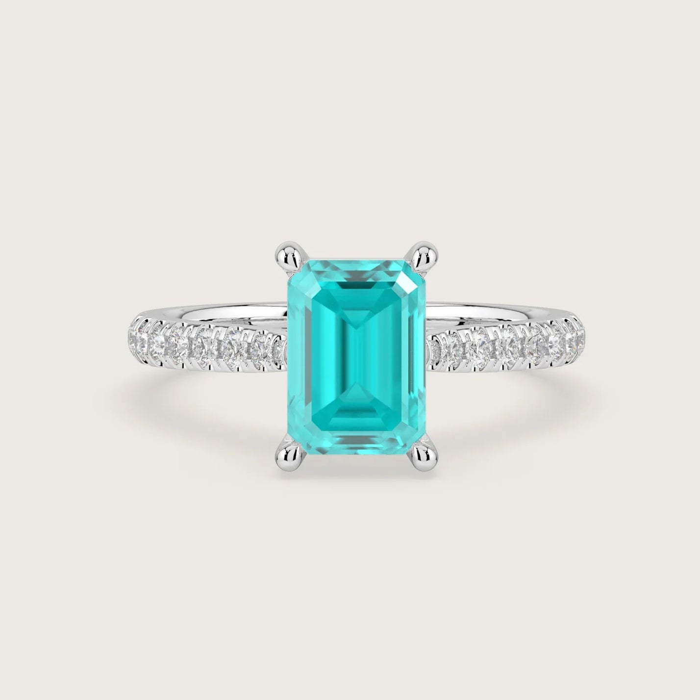 Lab-grown emerald-cut "Paraiba" diamond engagement ring in 18k white gold with diamond band. R24801EMA.