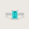 Lab-grown emerald-cut "Paraiba" diamond engagement ring in 18k white gold with diamond band. R24801EMA.